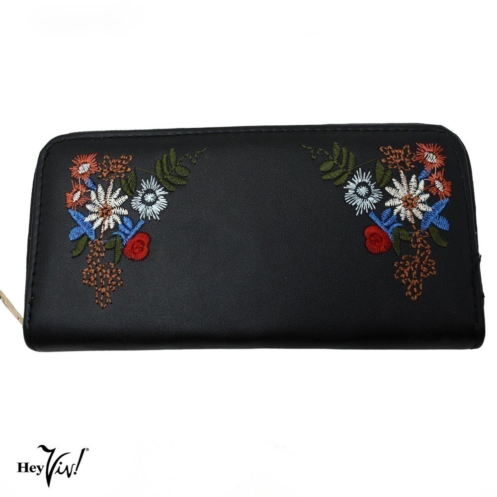 Black Embroidered Flower Zip Wallet Clutch Easy to Hold & Carry 7.5 x4" -Hey Viv